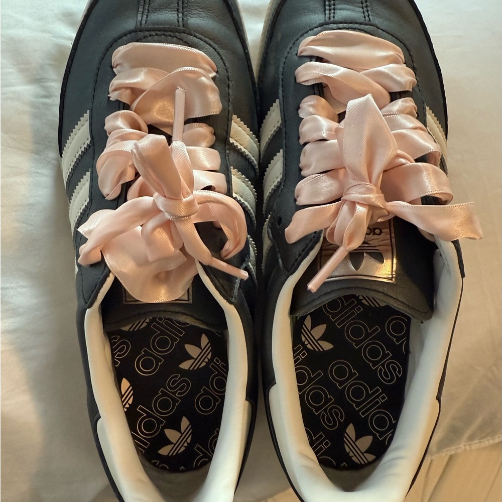 Adidas Women's Black Sneakers with Pink Ribbon Laces